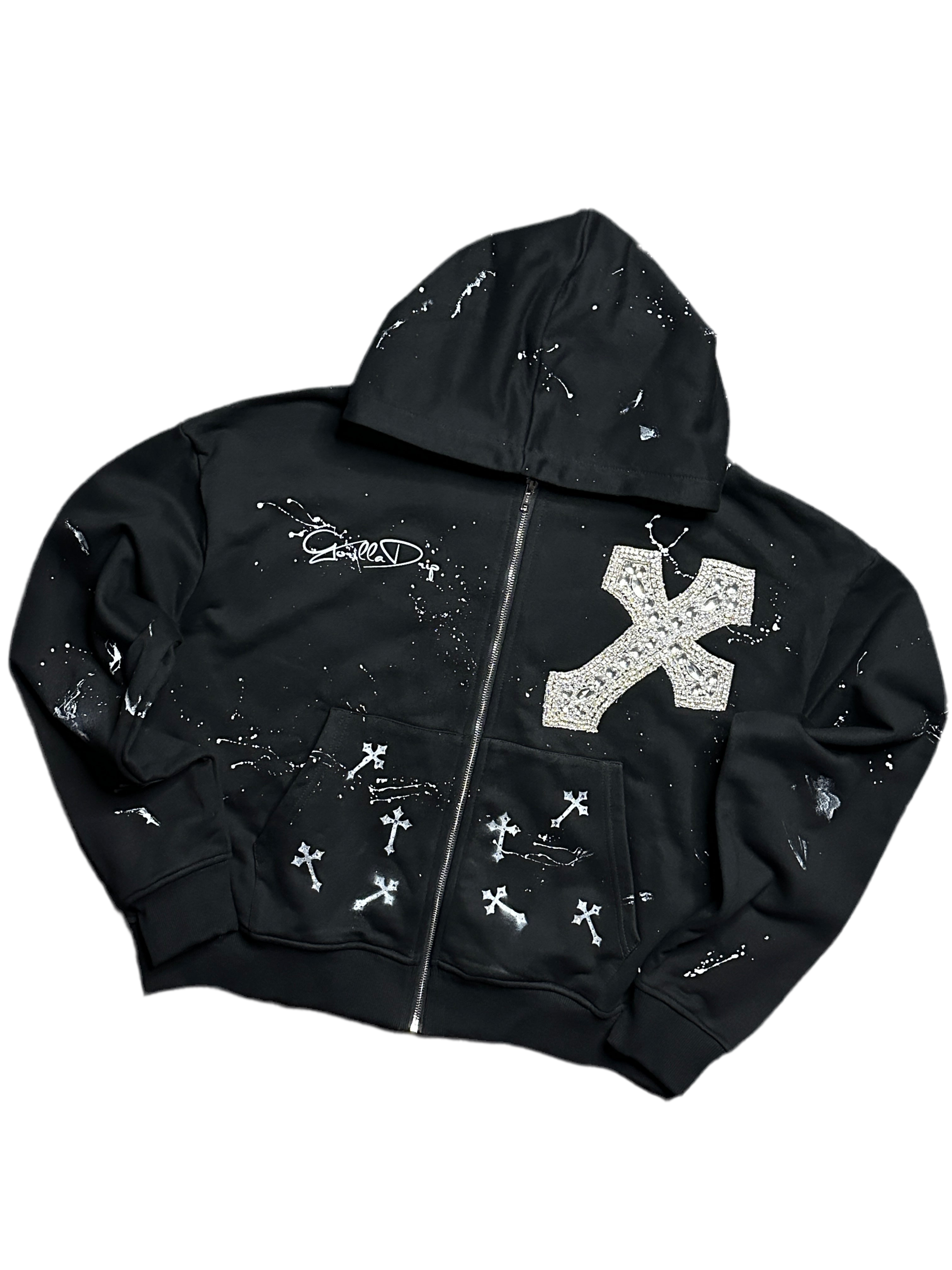 Black Cross Rhinestone Zip-Up Hoodie – Gorilla Drip LLC