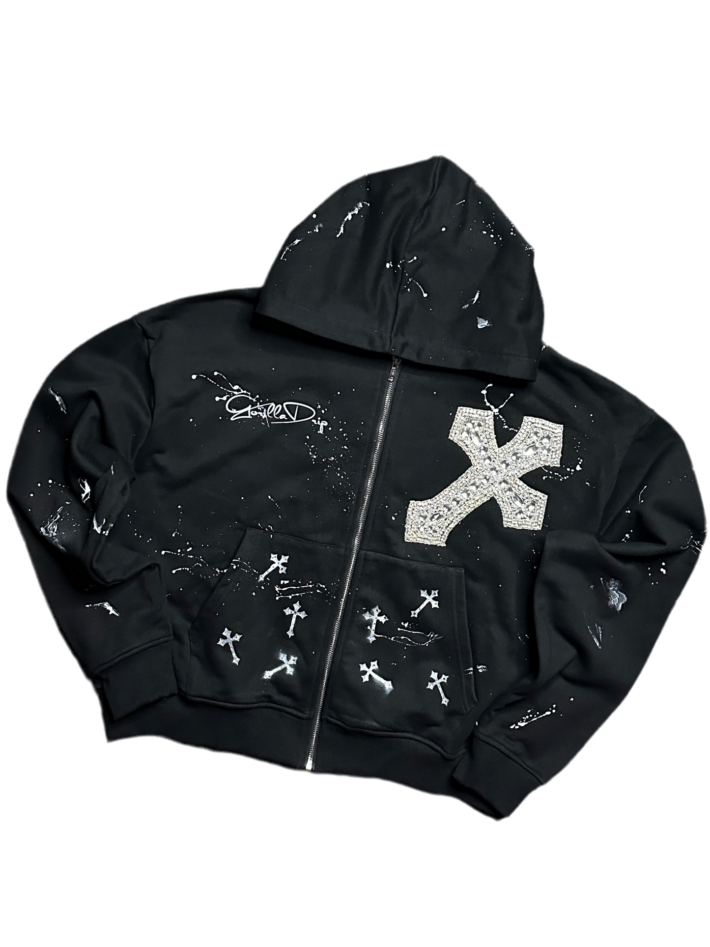 Black rhinestone cross streetwear hoodie with paint splatter design