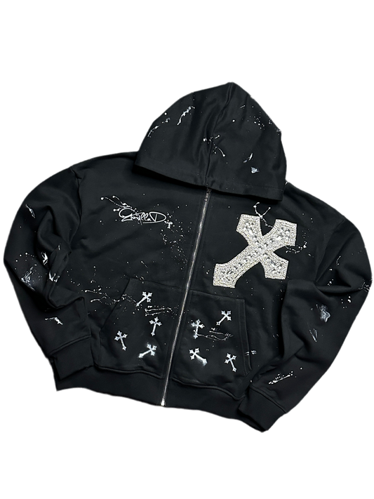 Black rhinestone cross streetwear hoodie with paint splatter design